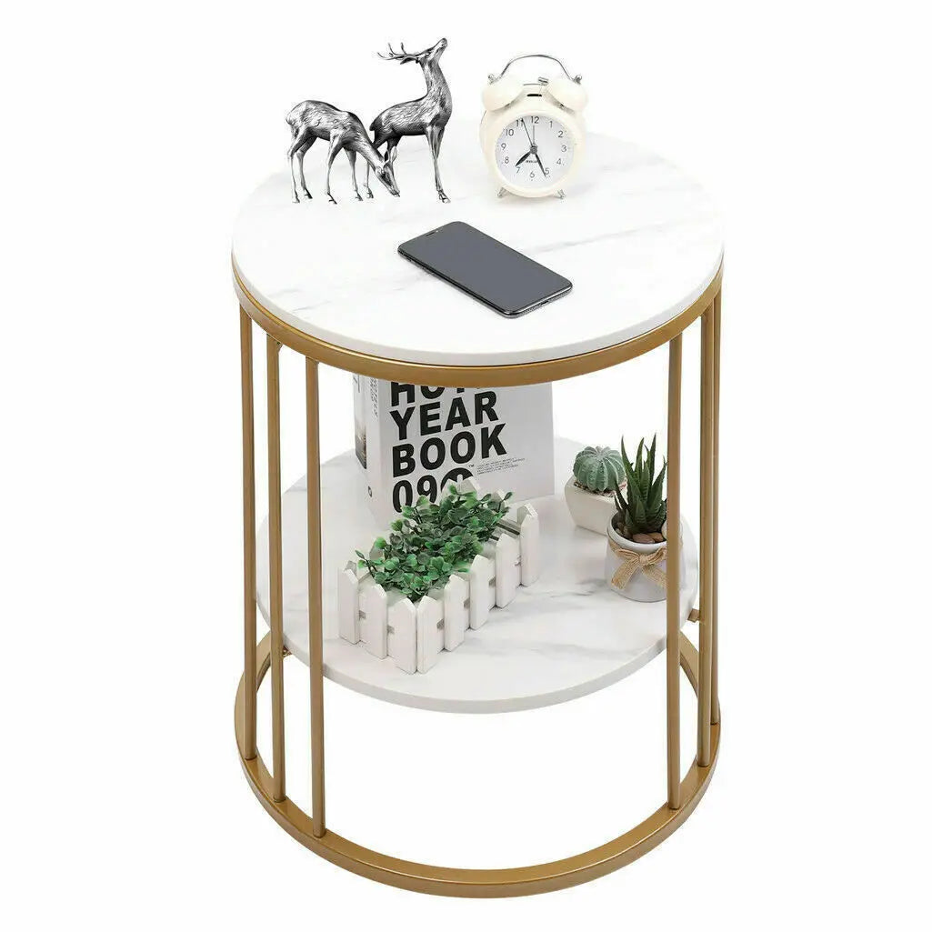 Wisfor 2-Tier Marble Side Table Round Nightstand Storage