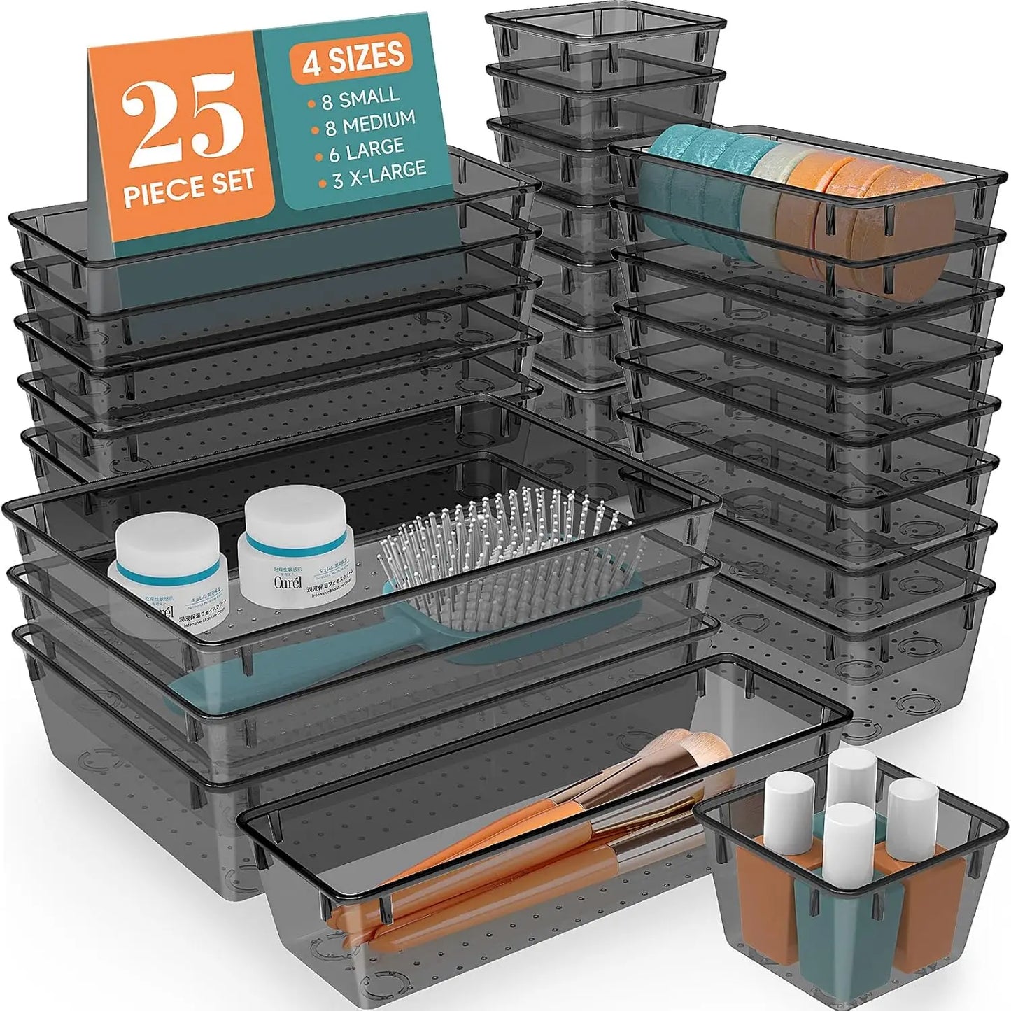 Clear Plastic Drawer Organizer Set 25 Compartments for Desk Storage