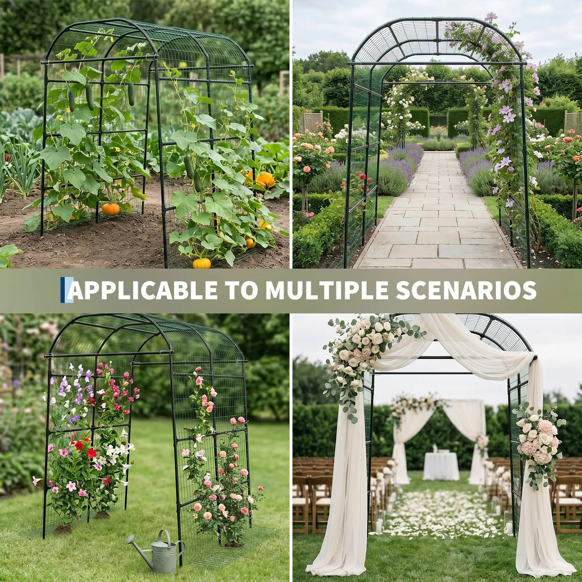 7.2FT Metal Garden Arch Trellis For Raised Beds, Adjustable Black Cucumber Support For Vines, Roses, Grapes, Melons & Gourds Kit