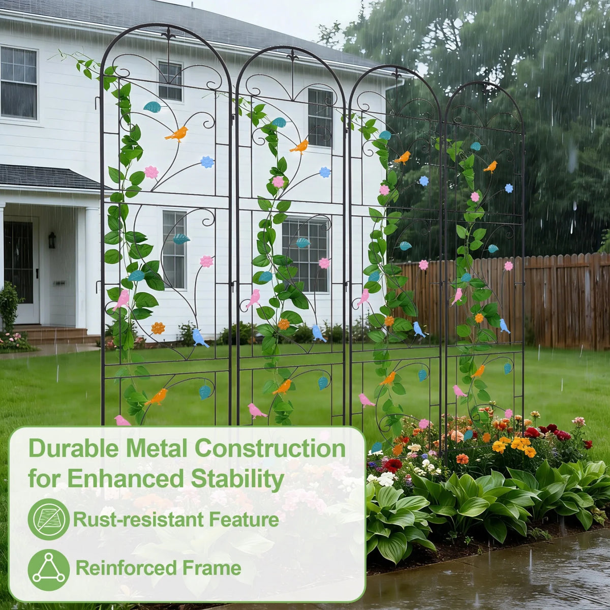 214CM Tall Metal Garden Trellis Rustic Iron Arch Decoration Support Trellis Fence Birds Flowers for Climbing Plants Roses Vine