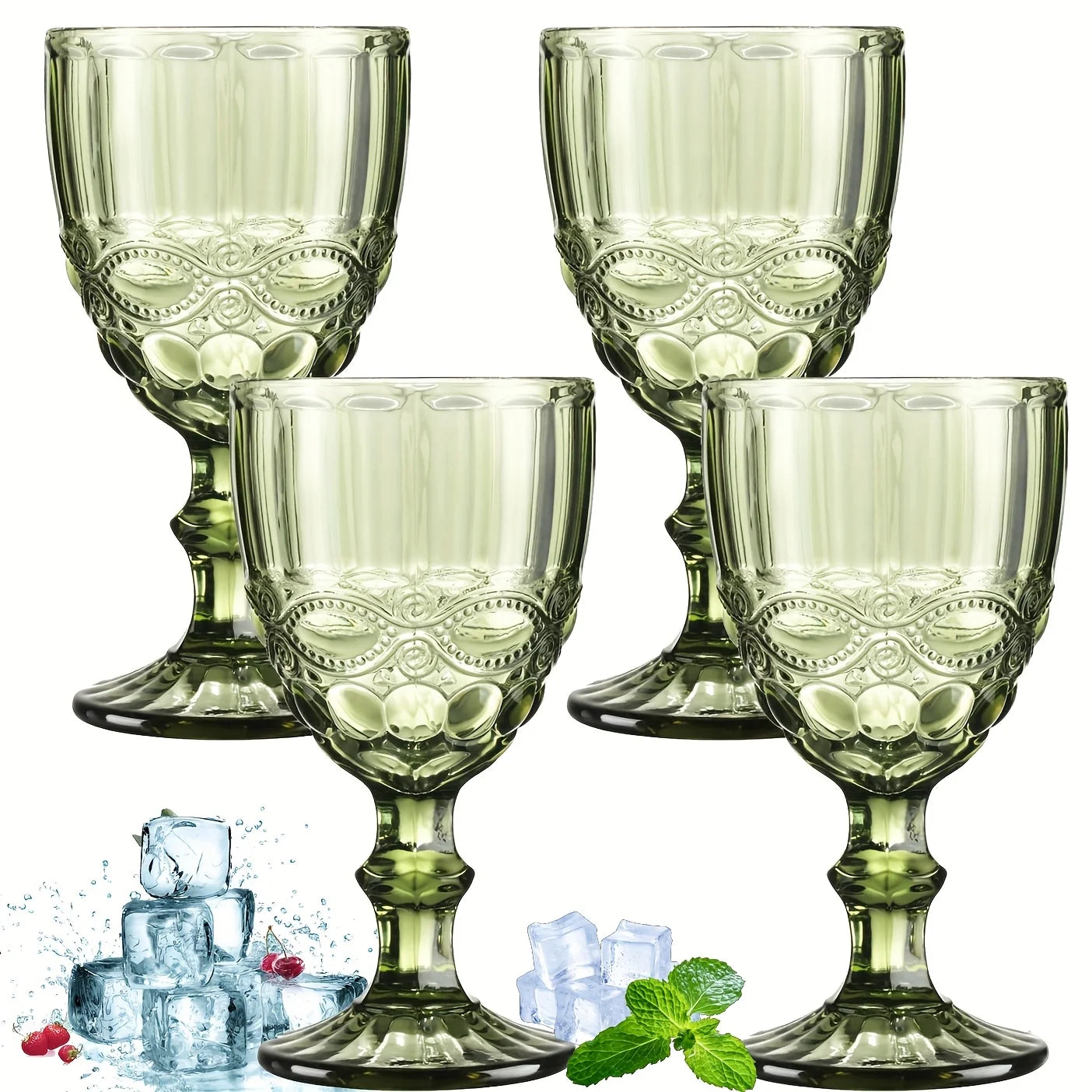 A Set of 8/4 Green Vintage Wine Glasses, 10oz Vintage Goblets, Clear Stemware, Goblets with Embossed Patterns, Stained Glassware, for Wedding Banquets, Feasts, Juice, New Year, Valentine's Day Gift Parties