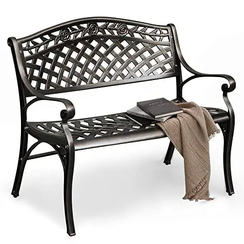 Elegant 39.4 Inch Cast Aluminum Two-Seat Outdoor Bench With Rose Motif Lattice Back And Armrests For Patio Garden Deck