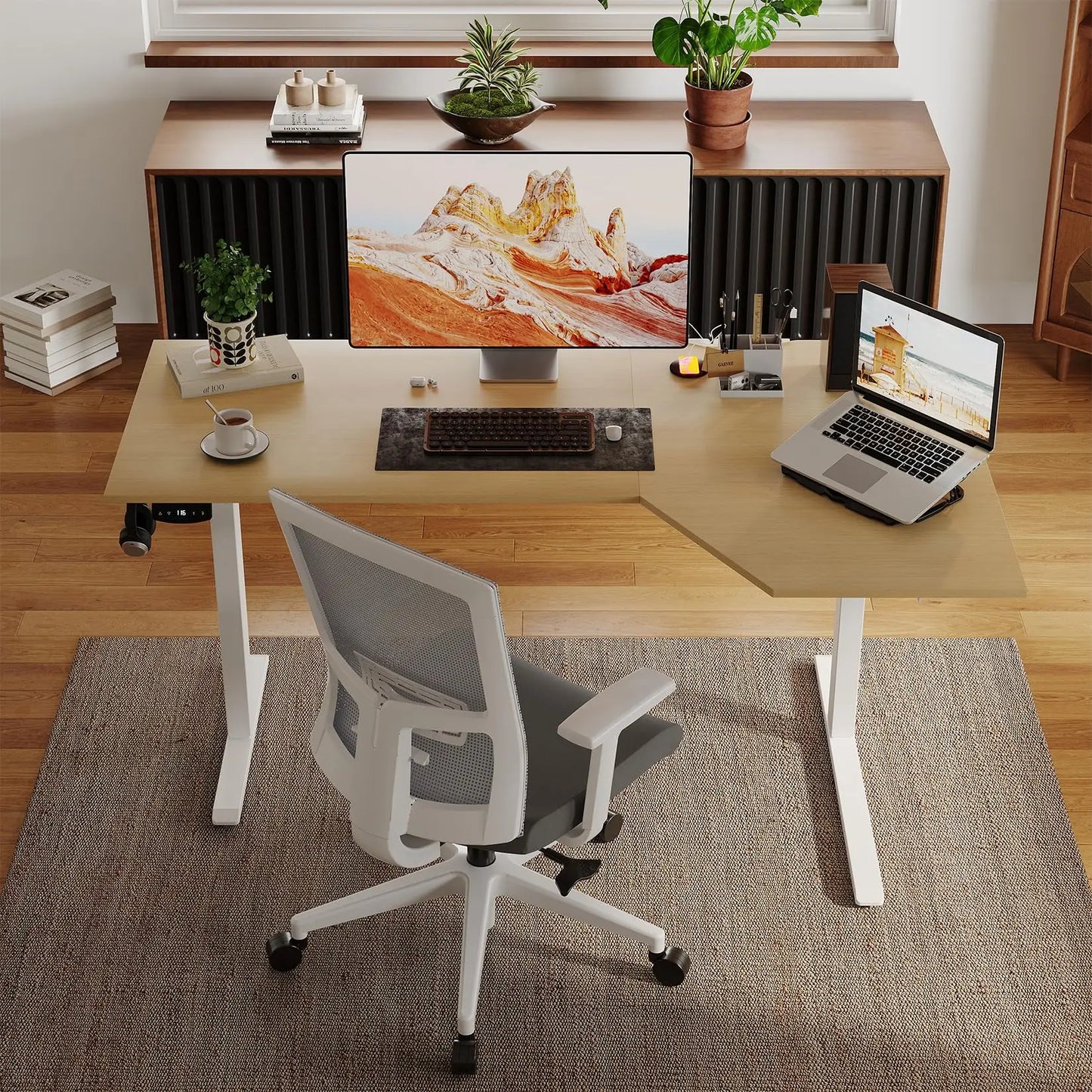 L Shaped Electric Standing Desk – Height Adjustable 59 x 35 Inch Ergonomic Perch Stand Workstation – Memory Preset – Executive Writing Table for Home or Office – US Standard, 59 Inches