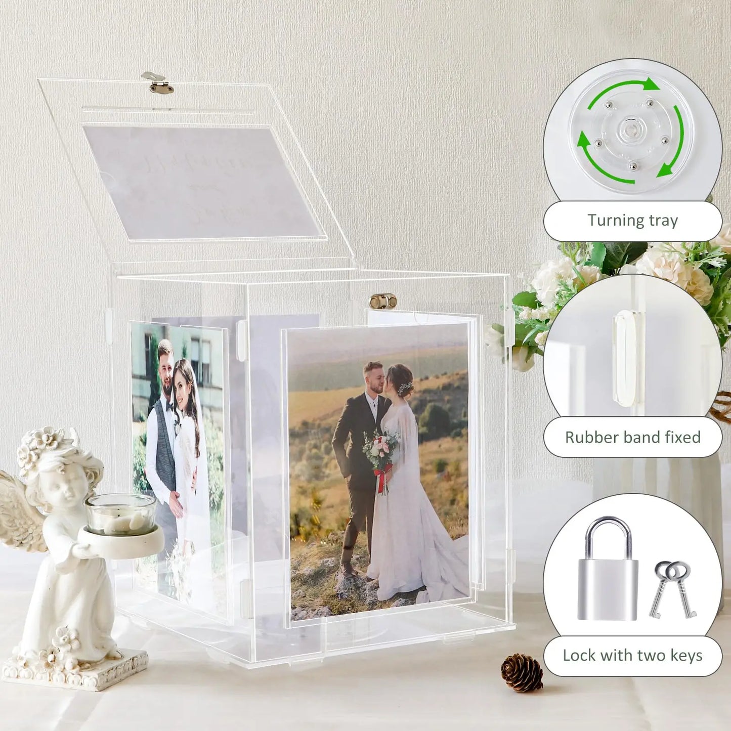 Acrylic Wedding Card Box With Picture Holder For Gifts And Envelopes