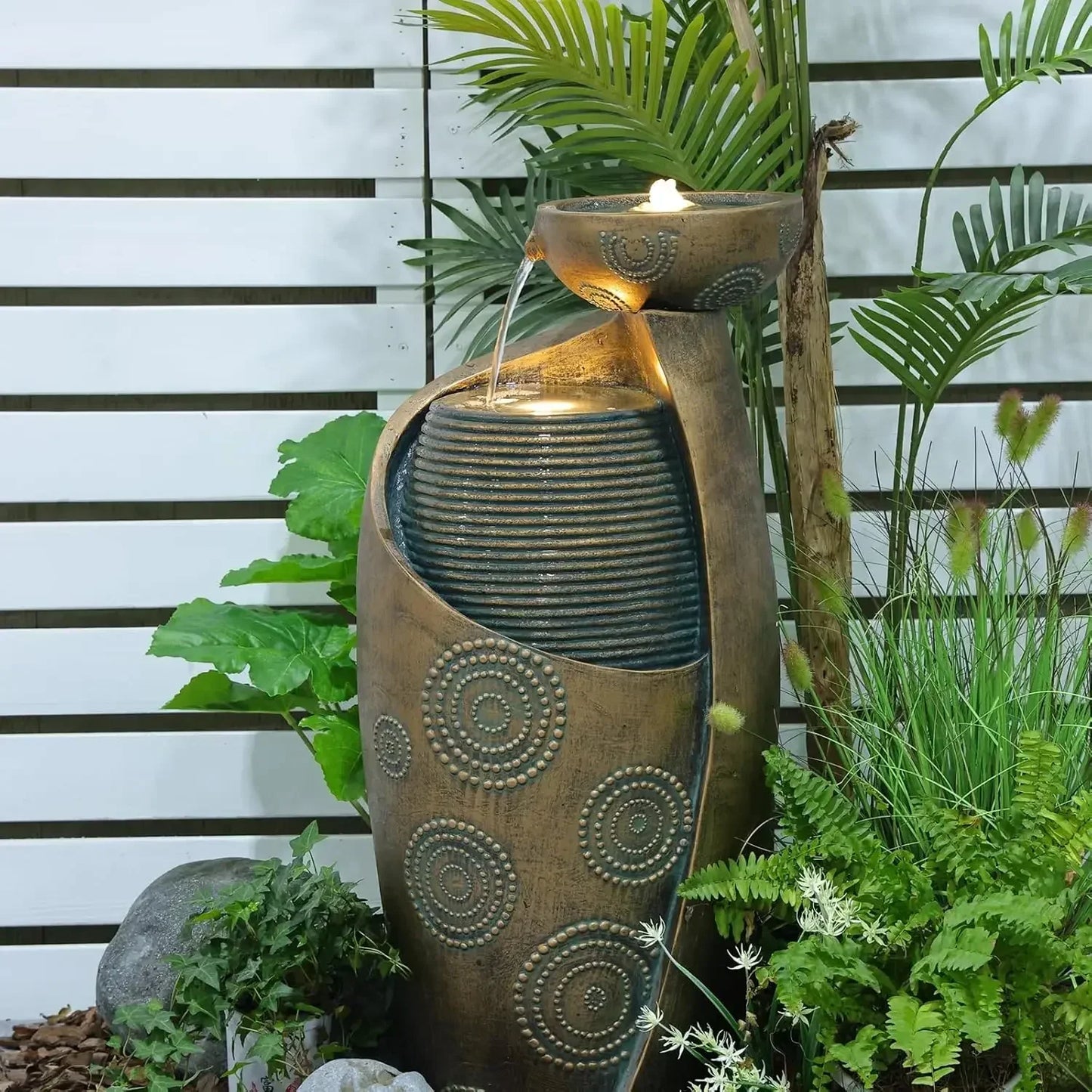 Outdoor Vase Waterfall Fountain With LED Lights And Durable Pump