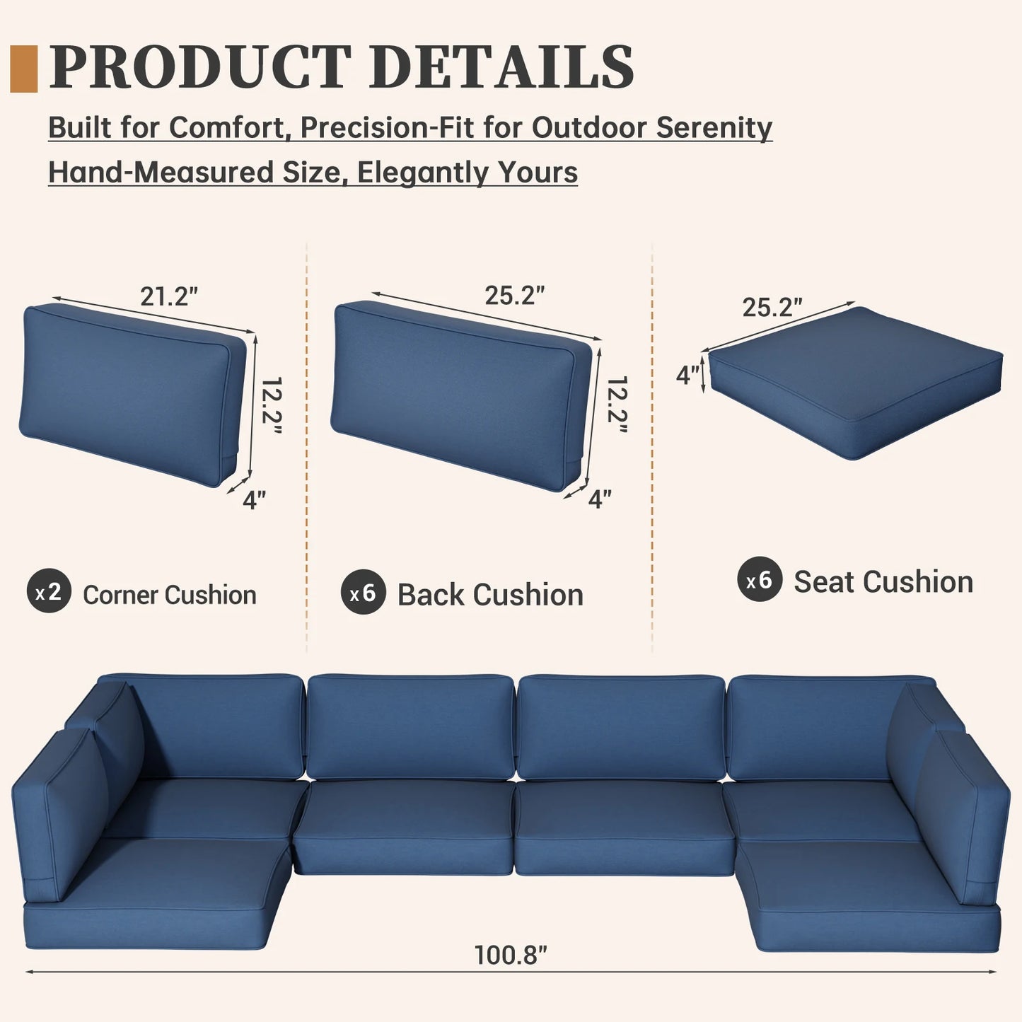 14 Piece Sofa Cushion Set High Density Foam Waterproof Patio Furniture Cushions for Indoor Outdoor - Beige Gray Blue