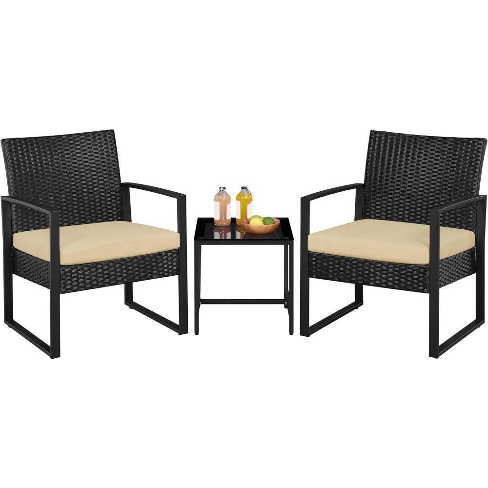 3 Pieces Rattan Bistro Set, Outdoor Wicker Patio Modern Conversation Furniture, 2 Chairs & Tempered Glass Coffee Table for Garde