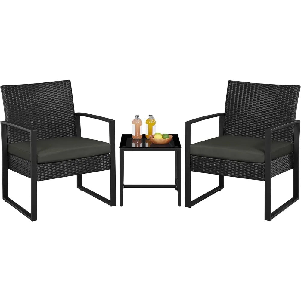3 Pieces Rattan Bistro Set, Outdoor Wicker Patio Modern Conversation Furniture, 2 Chairs & Tempered Glass Coffee Table for Garde