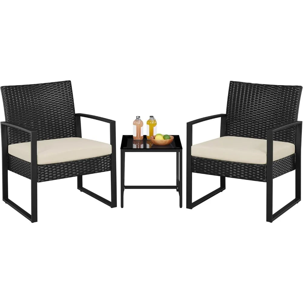 3 Pieces Rattan Bistro Set, Outdoor Wicker Patio Modern Conversation Furniture, 2 Chairs & Tempered Glass Coffee Table for Garde