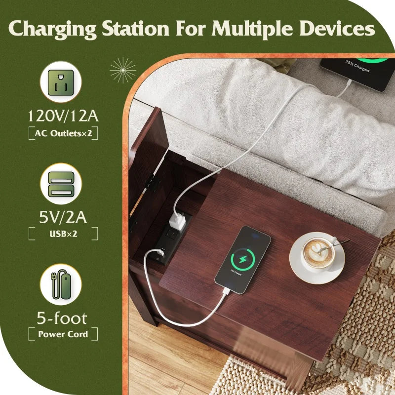 GALAXHERO End Table Charging Station Narrow Side Table Farmhouse Night Stand Storage Living Room Bedroom