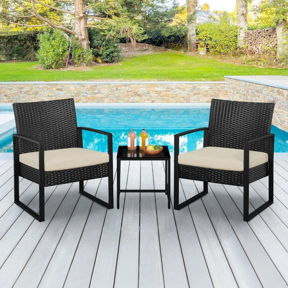 3 Pieces Rattan Bistro Set, Outdoor Wicker Patio Modern Conversation Furniture, 2 Chairs & Tempered Glass Coffee Table for Garde