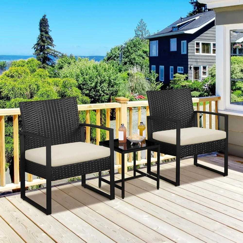 3 Pieces Rattan Bistro Set, Outdoor Wicker Patio Modern Conversation Furniture, 2 Chairs & Tempered Glass Coffee Table for Garde