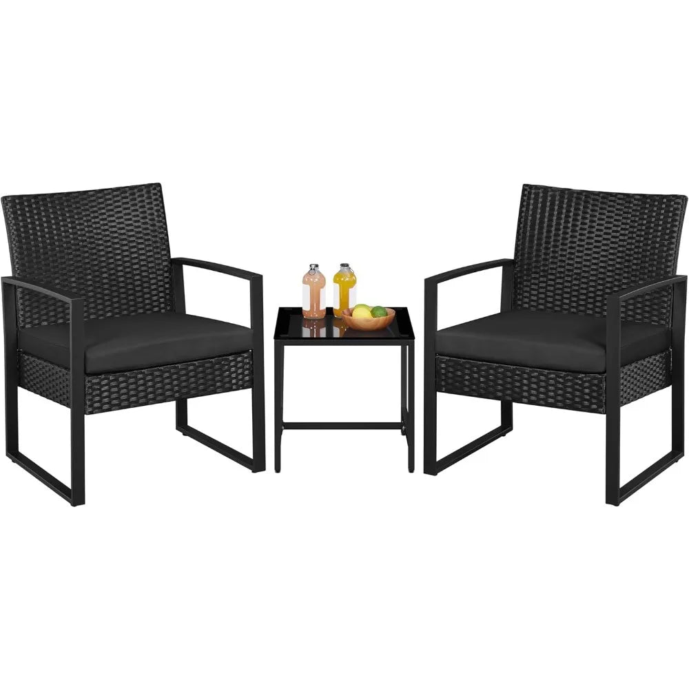 3 Pieces Rattan Bistro Set, Outdoor Wicker Patio Modern Conversation Furniture, 2 Chairs & Tempered Glass Coffee Table for Garde