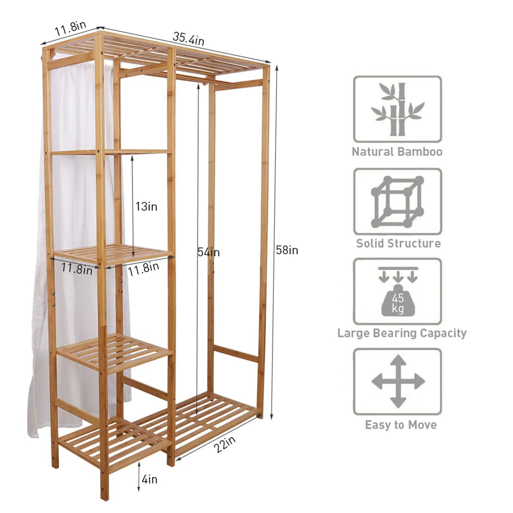 Bingopaw Bamboo Garment Rack With Shelves For Clothes Shoes