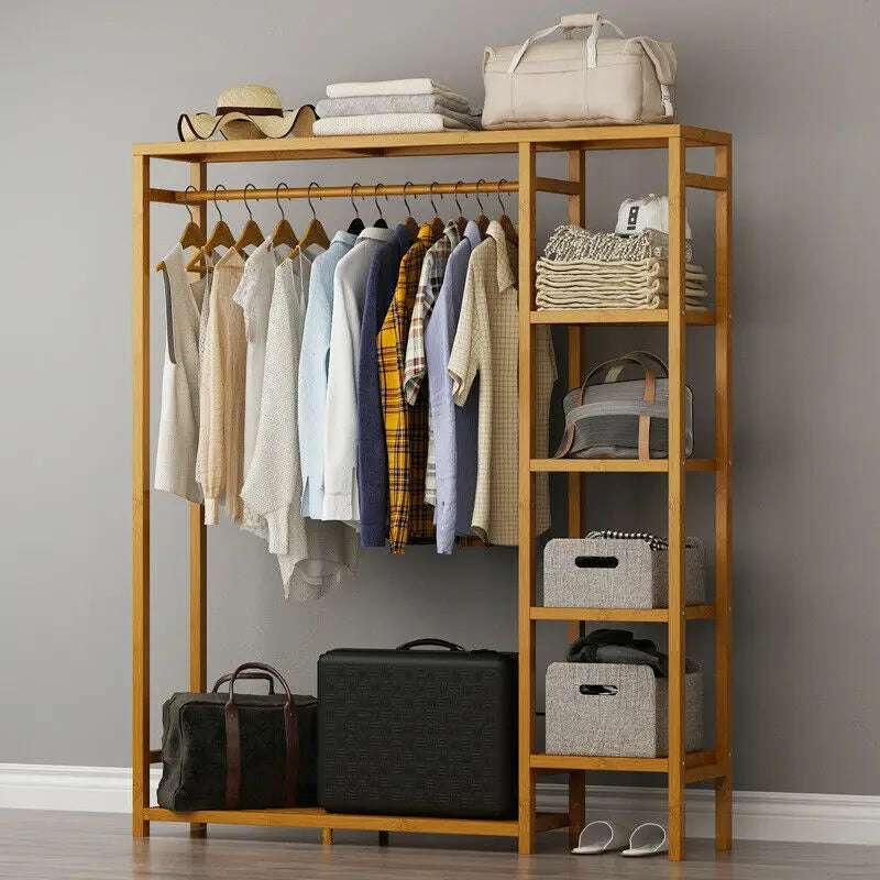 Bingopaw Bamboo Garment Rack With Shelves For Clothes Shoes