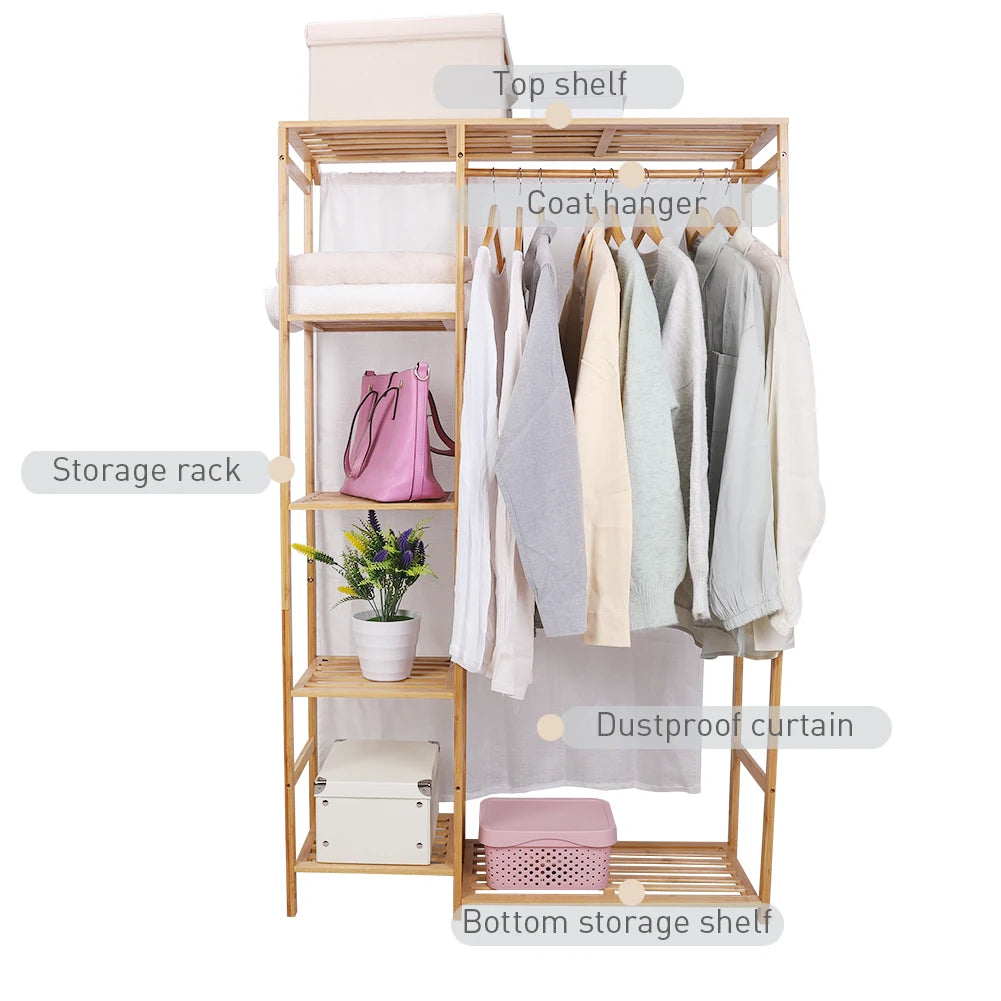 Bingopaw Bamboo Garment Rack With Shelves For Clothes Shoes