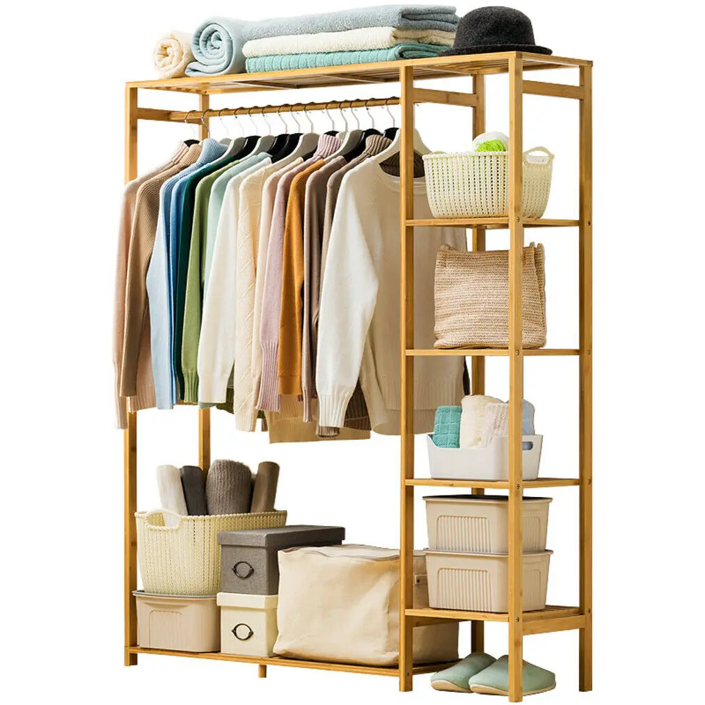 Bingopaw Bamboo Garment Rack With Shelves For Clothes Shoes