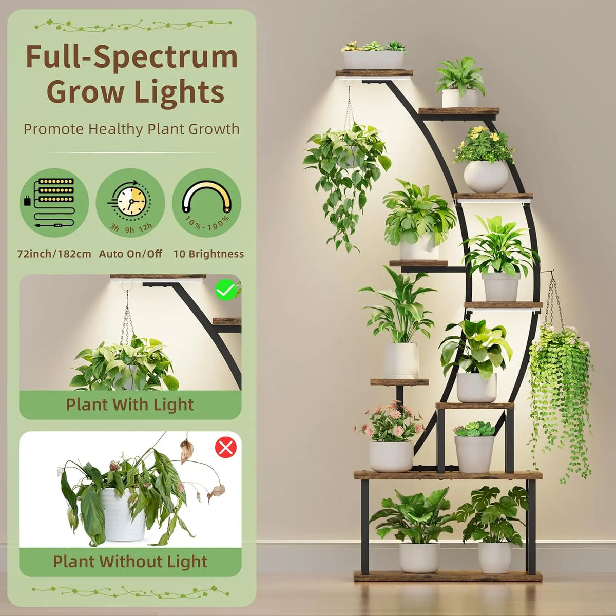 9 Tier Indoor Plant Stand With Grow Lights Metal Corner Shelf