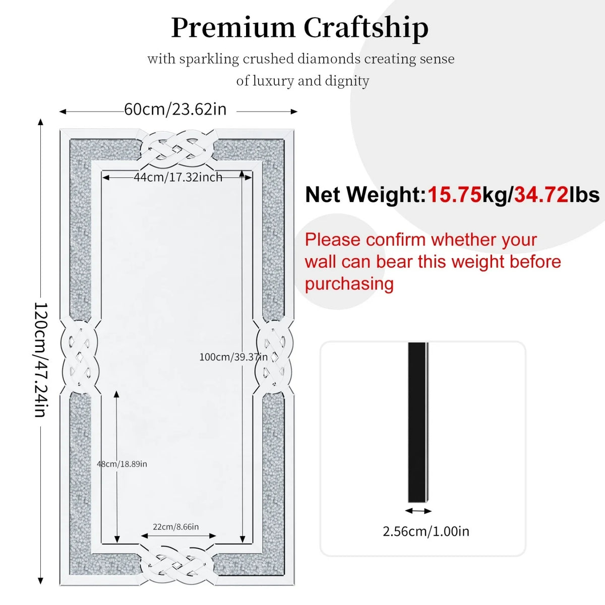 120CM Rectangle Crystal Crush Diamond Silver Wall Mirror For Living Room Decoration