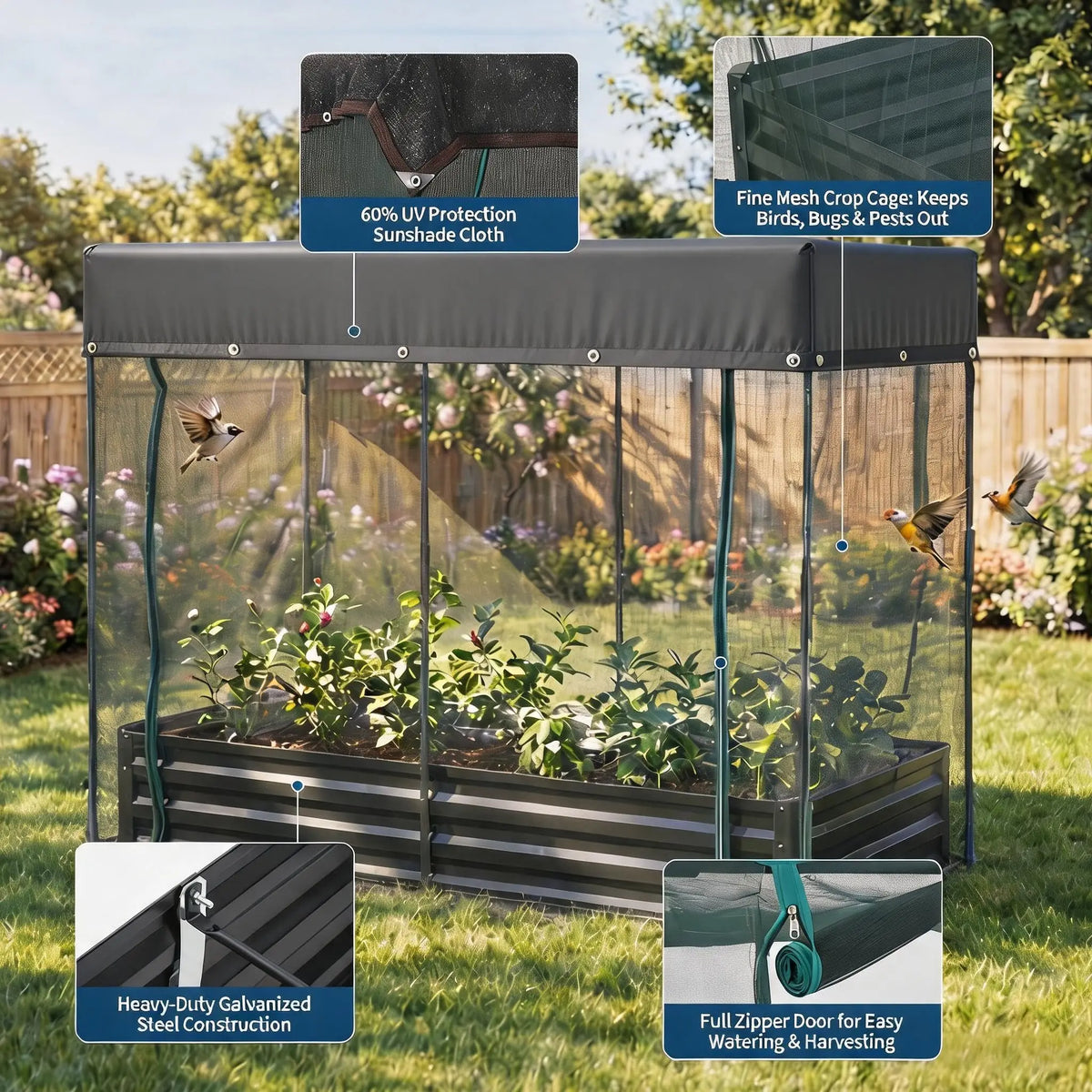 Galvanized Self Watering Raised Garden Bed With Mesh Cover