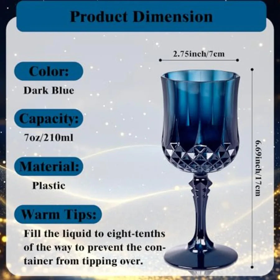 24PCS Blue Plastic Wine Glasses - 7 Oz Plastic Goblets for Party - Blue Vintage Drinking Glasses - Disposable Water Goblets Set