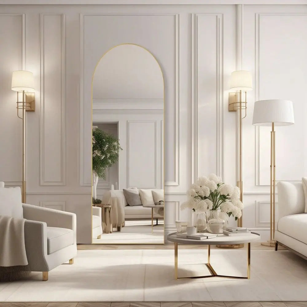 Full Length Floor Mirror With Stand Aluminum Frame Arched Design