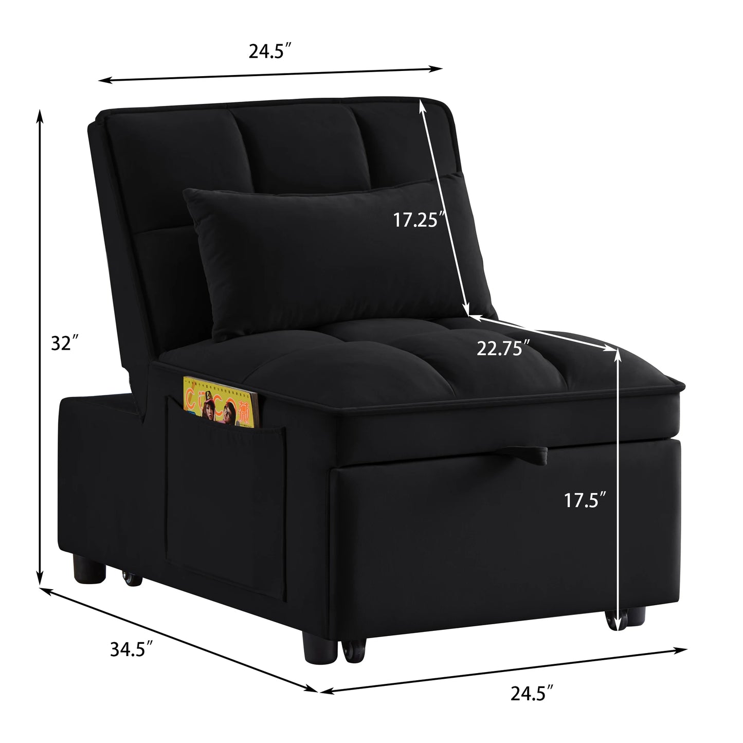 4-in-1 Multifunctional Single Sofa Bed with Storage Bag Tufted Single Sofa Bed Adjustable Backrest Pillows Convertible Chair