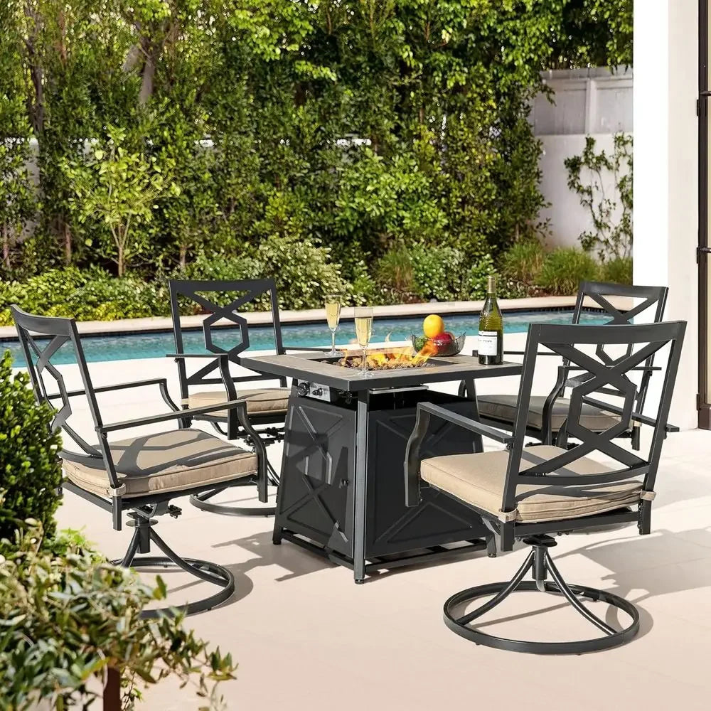 5-Piece Outdoor Patio Furniture Set with Fire Pit Table, 28 Propane Gas Fire Pit, Cover, 4 Swivel Dining Chairs with Cushions, B