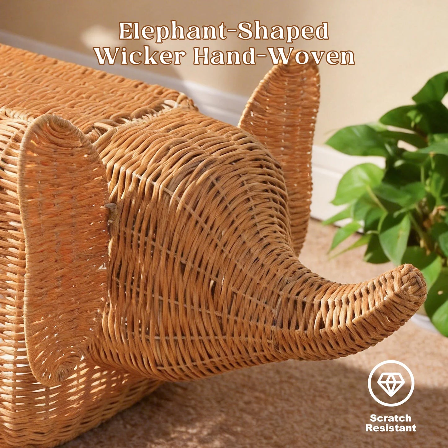 Handmade Elephant Rattan Cat Condo Bed – Plush Cushioned Wicker Hideaway, Heavy-Duty Indoor Shelter for Large Cats & Small Kittens