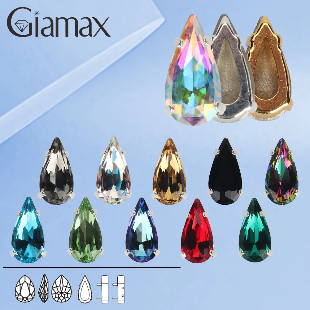 Giamax Tear Drop Glass Crystal Sewing Stone Sew on Rhinestones Gold Silver Claw Rhinestones For Garment Clothes Bags