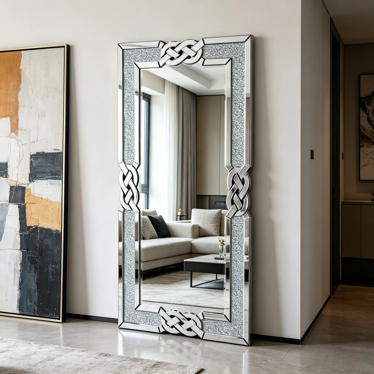 120CM Rectangle Crystal Crush Diamond Silver Wall Mirror For Living Room Decoration