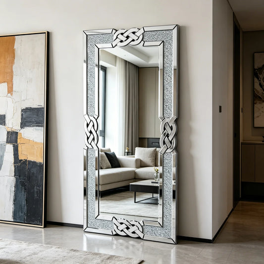 120CM Rectangle Crystal Crush Diamond Silver Wall Mirror For Living Room Decoration