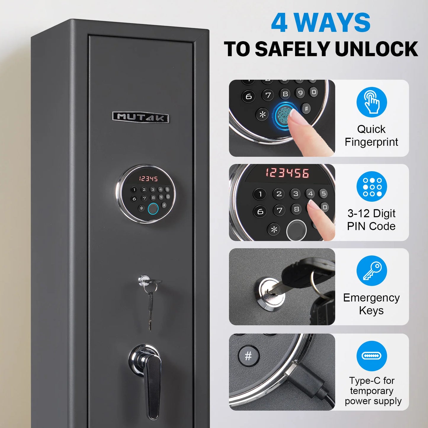 Biometric Gun Safe For Rifles And Pistols With Removable Shelf