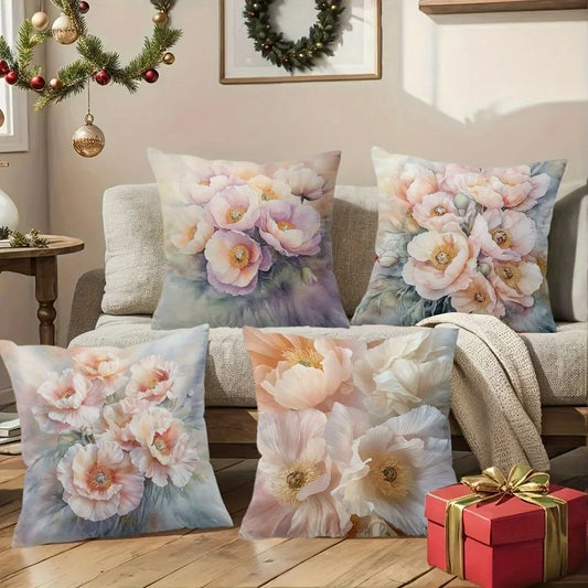 Pink Poppy Flower Pillow Covers Velvet Polyester Cushion Cases 4-Pack