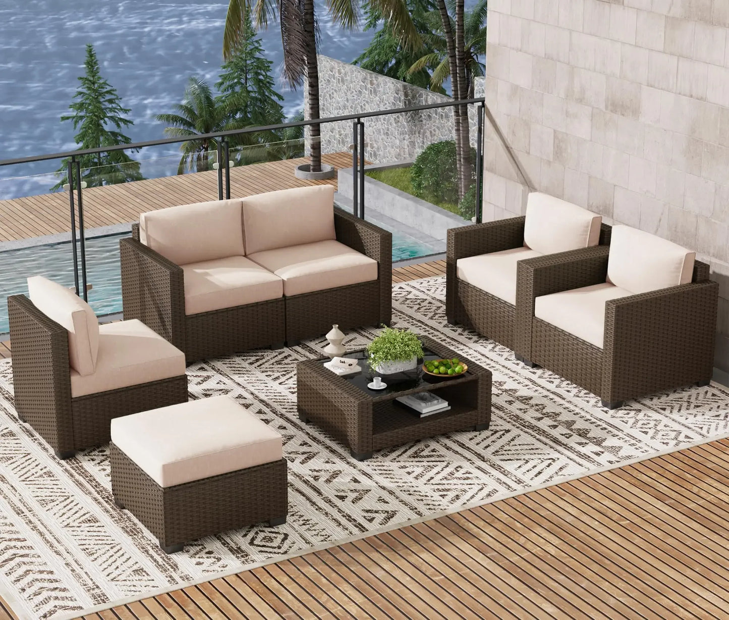 LOUVIXA 7 Piece Outdoor Patio Furniture Set, Outdoor Sectional Sofa, Wicker Rattan Patio Furniture, Patio Conversation Set