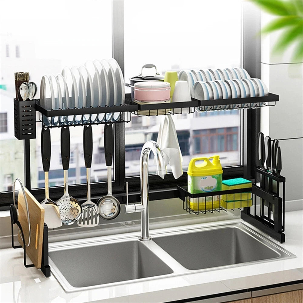 Stainless Steel Over The Sink Dish Rack With Utensil Holder