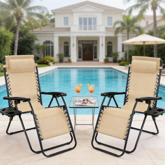JHK Portable Zero Gravity Recliner Chairs Set of 2 Outdoor Garden Folding Lounge Chair with Cup Holder Trays Adjustable Pillow