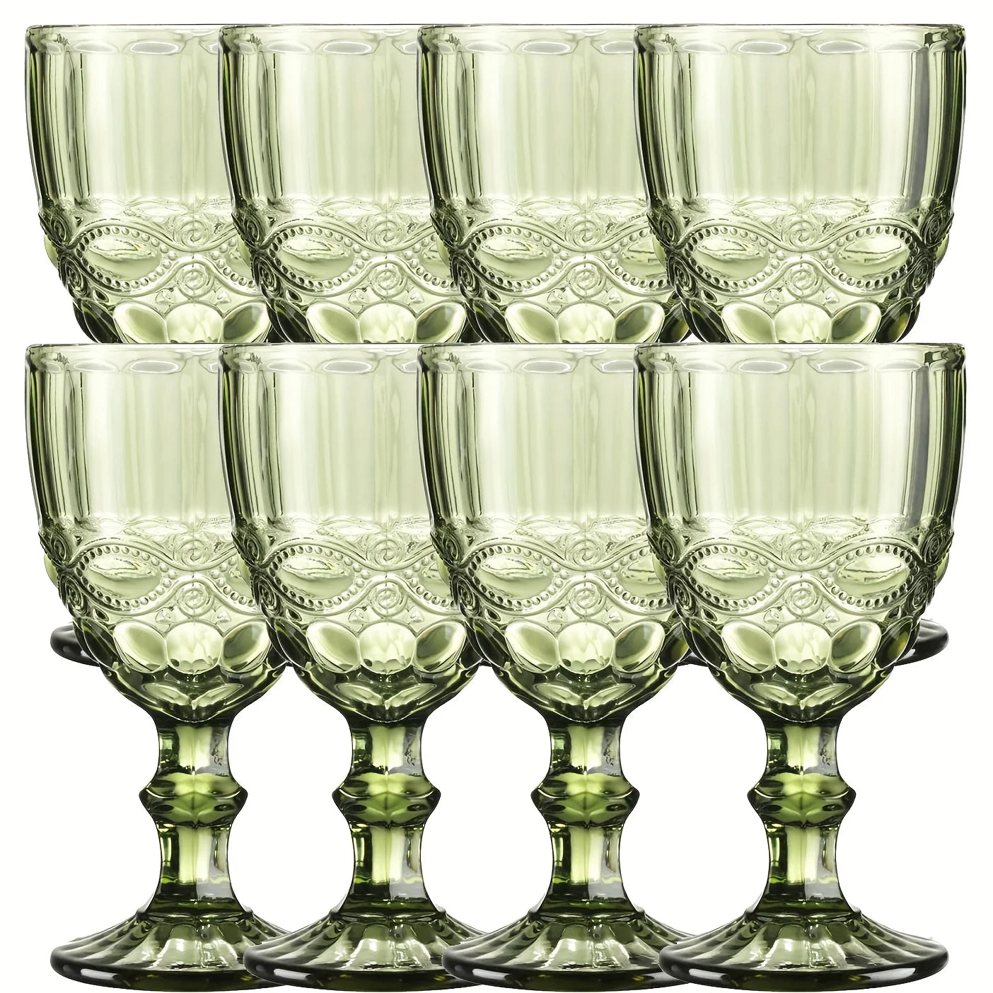 A Set of 8/4 Green Vintage Wine Glasses, 10oz Vintage Goblets, Clear Stemware, Goblets with Embossed Patterns, Stained Glassware, for Wedding Banquets, Feasts, Juice, New Year, Valentine's Day Gift Parties