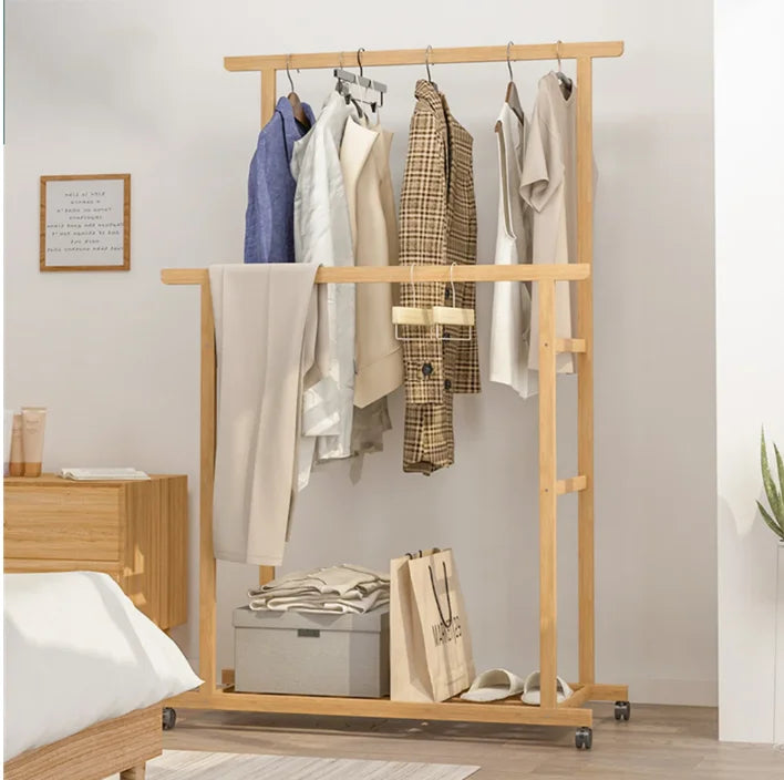BINGOPAW Bamboo Clothes Rail Rack With Wheels And Storage Shelves