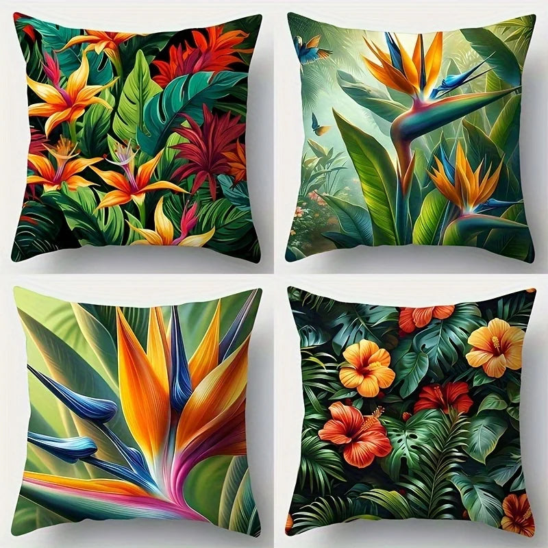 Tropical Flower Velvet Pillow Covers Set of 4 Polyester Cushions