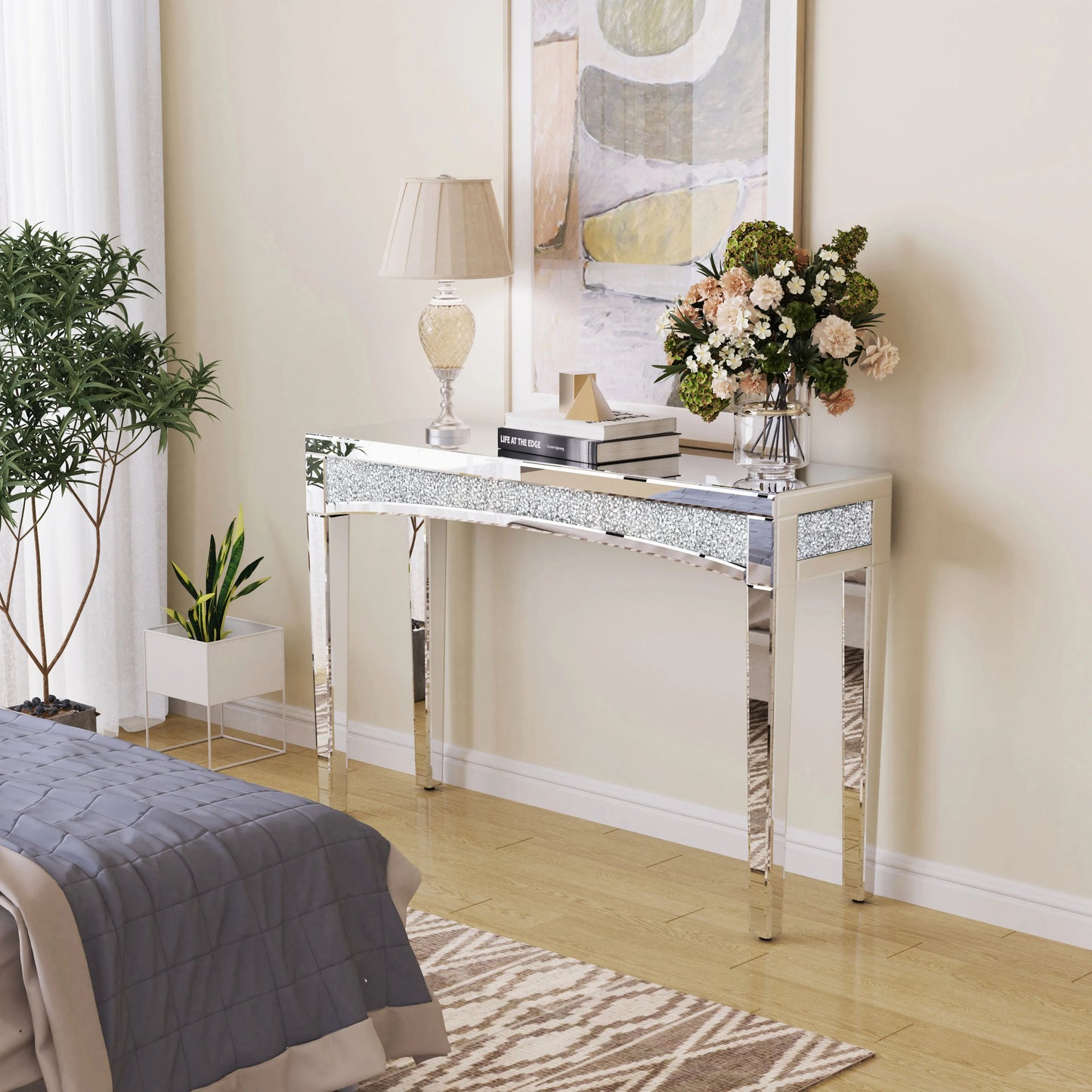 Silver Mirrored Console Table With Crystal Inlay For Living Room