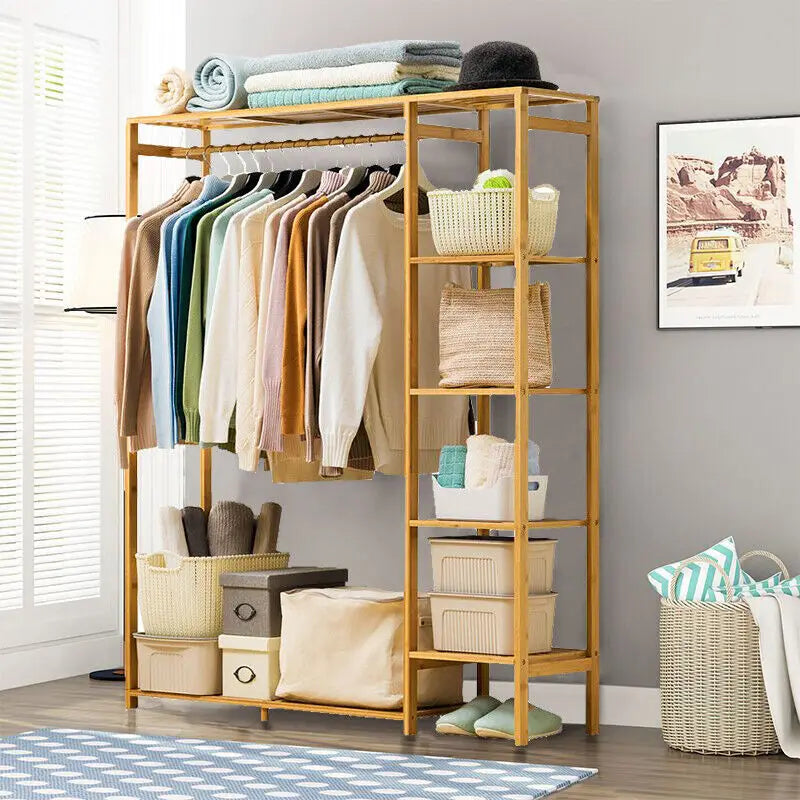 Bingopaw Bamboo Garment Rack With Shelves For Clothes Shoes