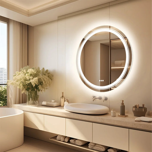 32 Inch Round LED Lighted Bathroom Mirror Wall Mounted Anti-Fog Vanity Mirror with Touch Sensor Backlit for Home