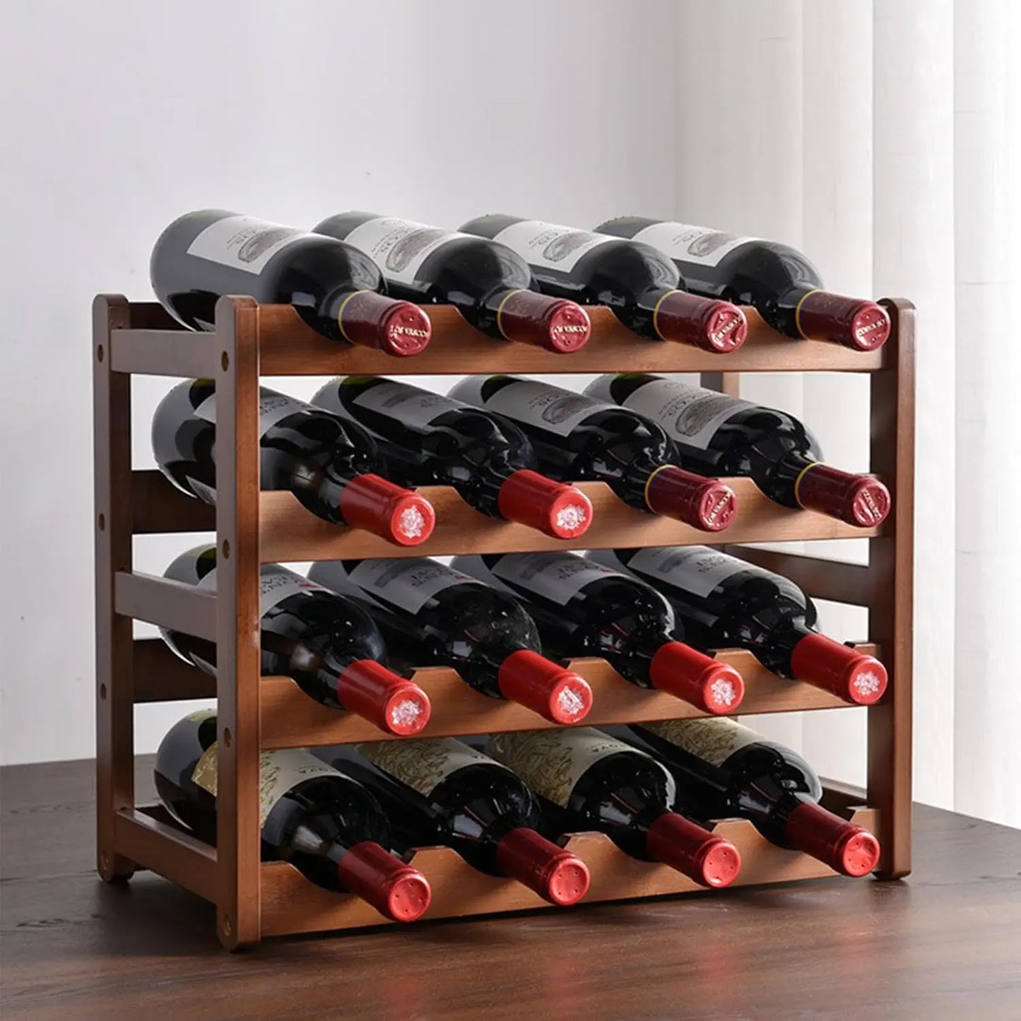 16 Bottle Wooden Wine Rack,4 Tier Free Standing Wine Storage Holder,Retro Minimalist Style Home Decorations Wine Display Shelves for Cabinet,Cupboard,Countertop