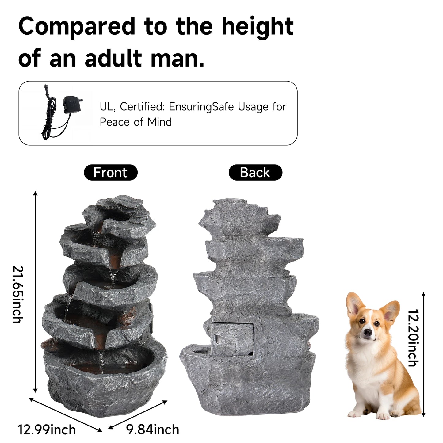 5-Tier Cascading Rock Outdoor Water Fountain With 4 LED Lights For Garden