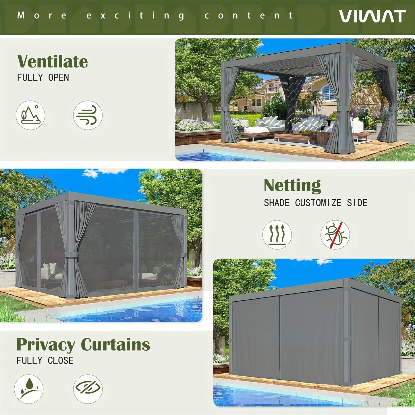 VIWAT Louvered Pergola Aluminum Frame Waterproof Roof Gazebo All Weather