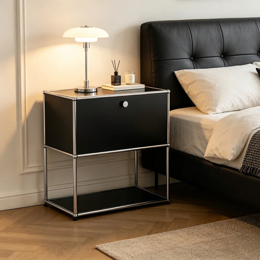 Modern Modular Nightstand Chrome Metal Frame Small Side End Table 2‑Tier Open Storage Bedside Cabinet for Bedroom