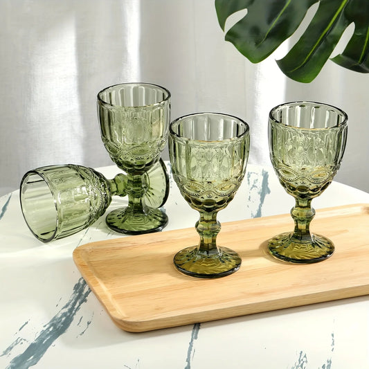 A Set of 8/4 Green Vintage Wine Glasses, 10oz Vintage Goblets, Clear Stemware, Goblets with Embossed Patterns, Stained Glassware, for Wedding Banquets, Feasts, Juice, New Year, Valentine's Day Gift Parties