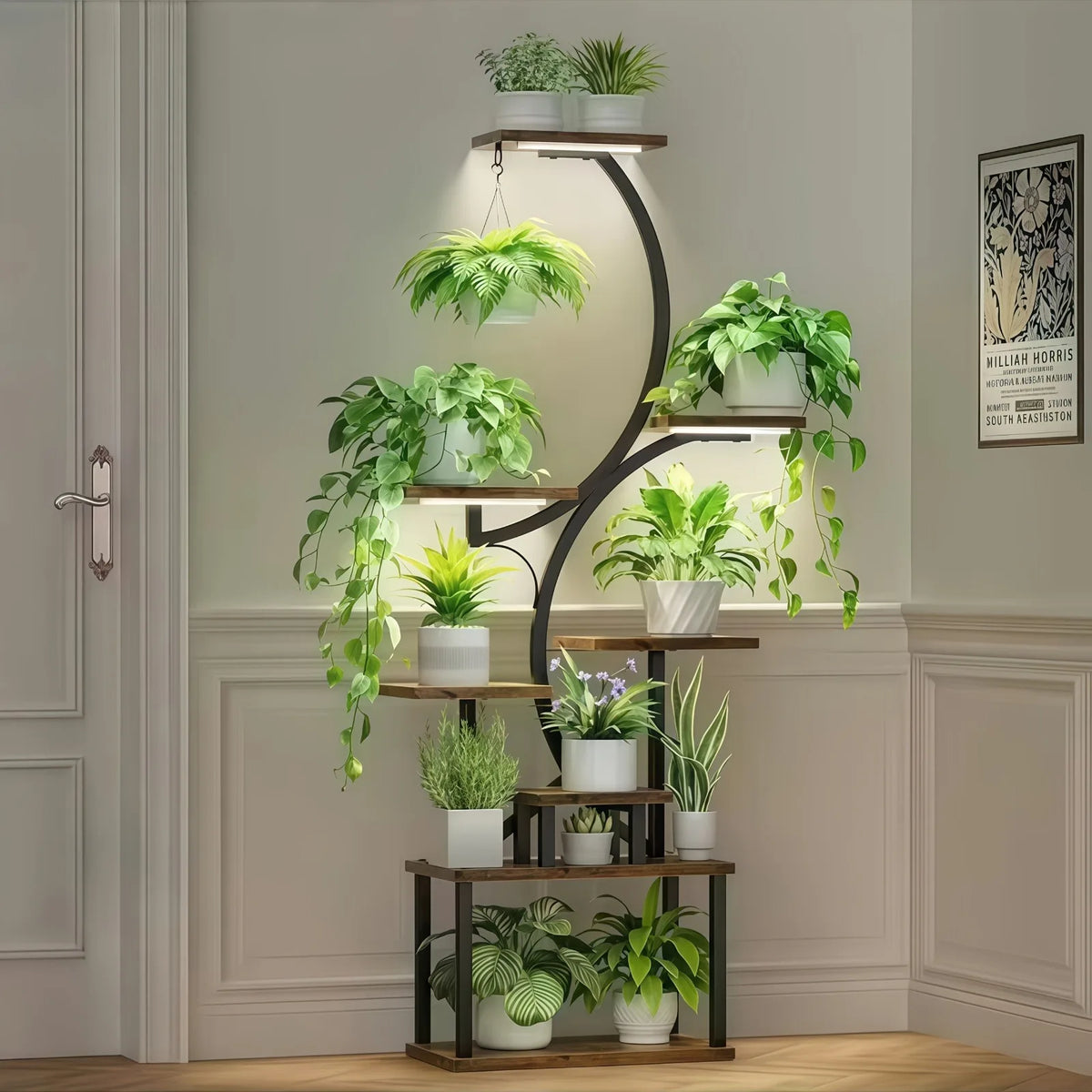 8-Tier Metal Indoor Plant Stand Tree-Shaped Corner Shelves Thick Wooden Boards for Balcony Patio Living Room Entrance Decor