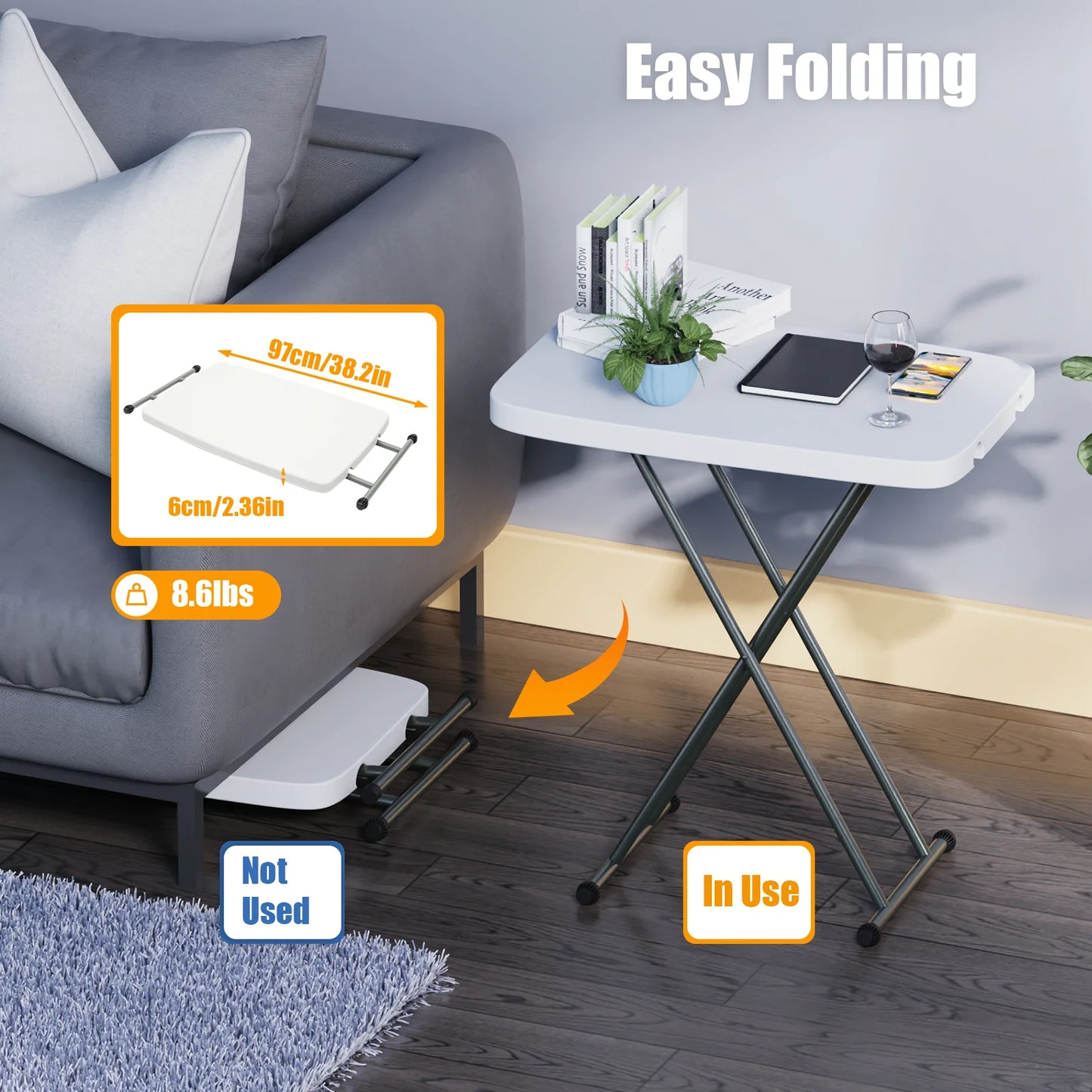 Adjustable Folding Table, 30x20 TV Tray Commercial Grade Laptop Desk Camp Picnic Table for Indoor Outdoor Use, White
